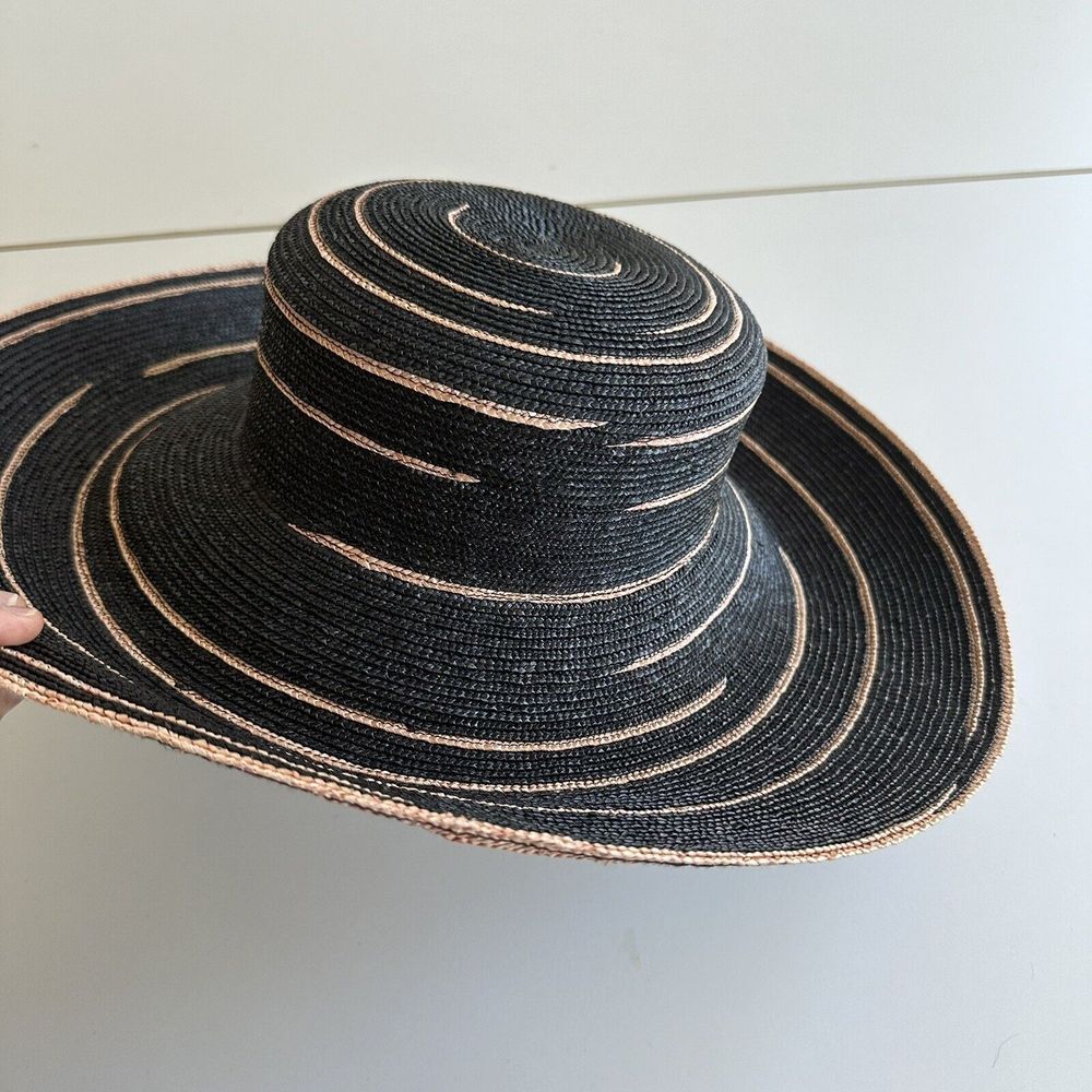 Lucy Barlow Designer Stitch Straw Braid Hat Wide Brimmed Peach Pink Black Stripe